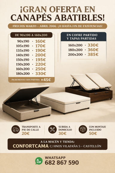 tarifa Ofertas en canapés abatibles con precios y opciones de colores.