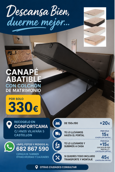 Oferta especial para recogida en tienda Publicidad de un canapé abatible con precios y detalles de contacto.